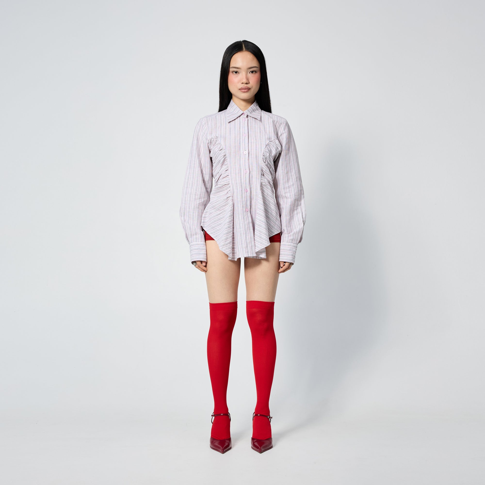 Arthur Apparel pink and grey stripes long-sleeve fitted blouse with ruffles on the sides