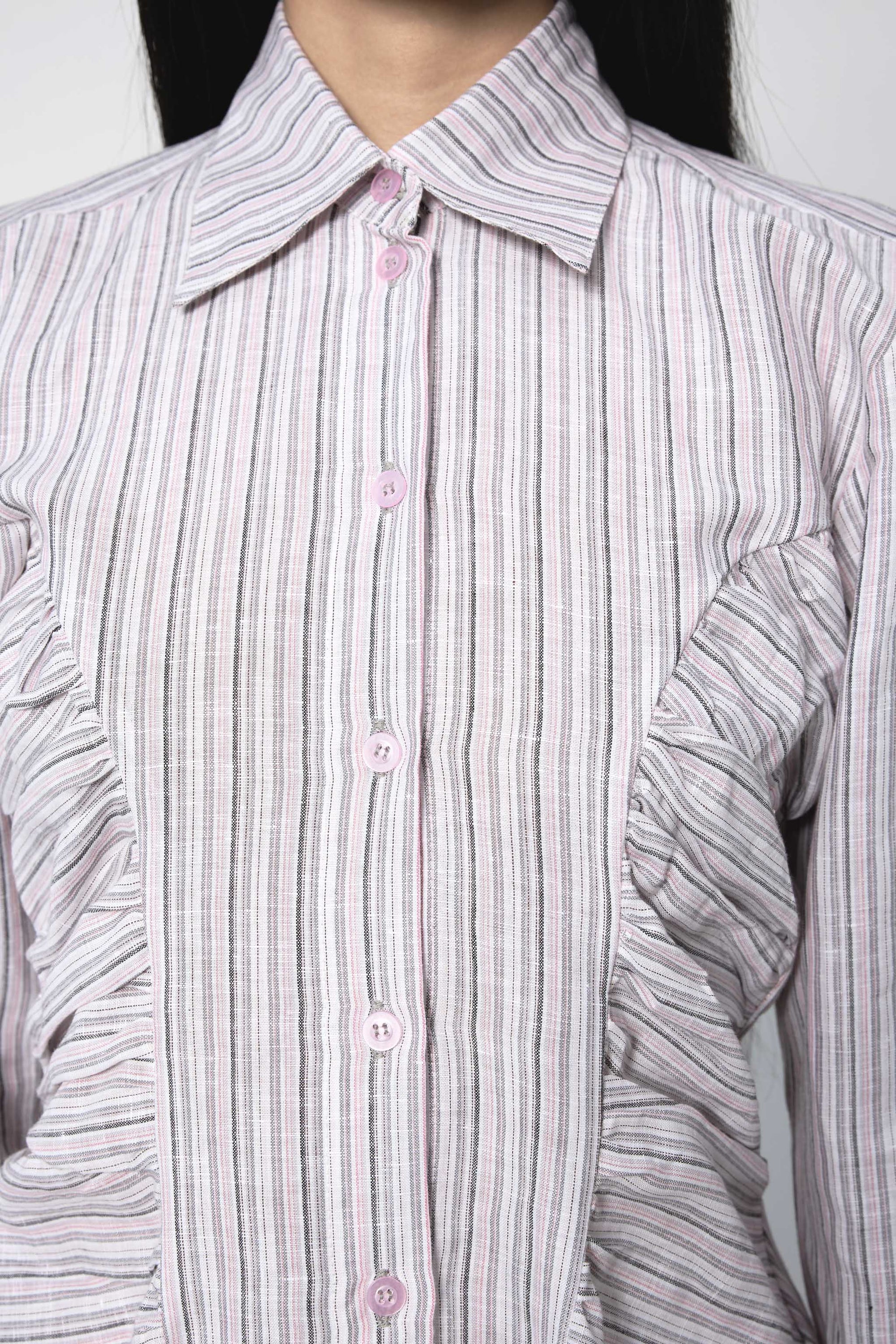 Arthur Apparel pink and grey stripes long-sleeve fitted blouse with ruffles on the sides
