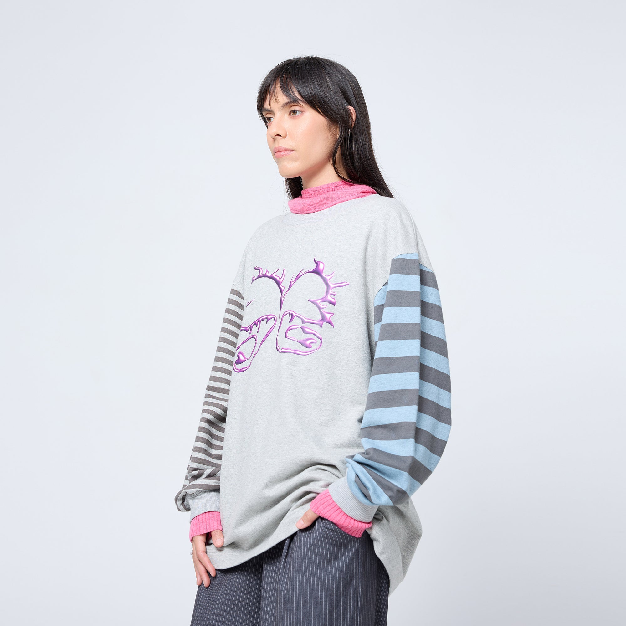 Arthur Apparel long sleeve tshirt in grey-tone baby terry with graphic pink heart print